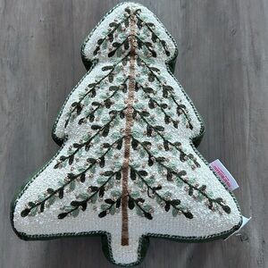 Isaac Mizrahi Christmas’s Tree Pillow Embroidered Green Gold  Ivory NEW